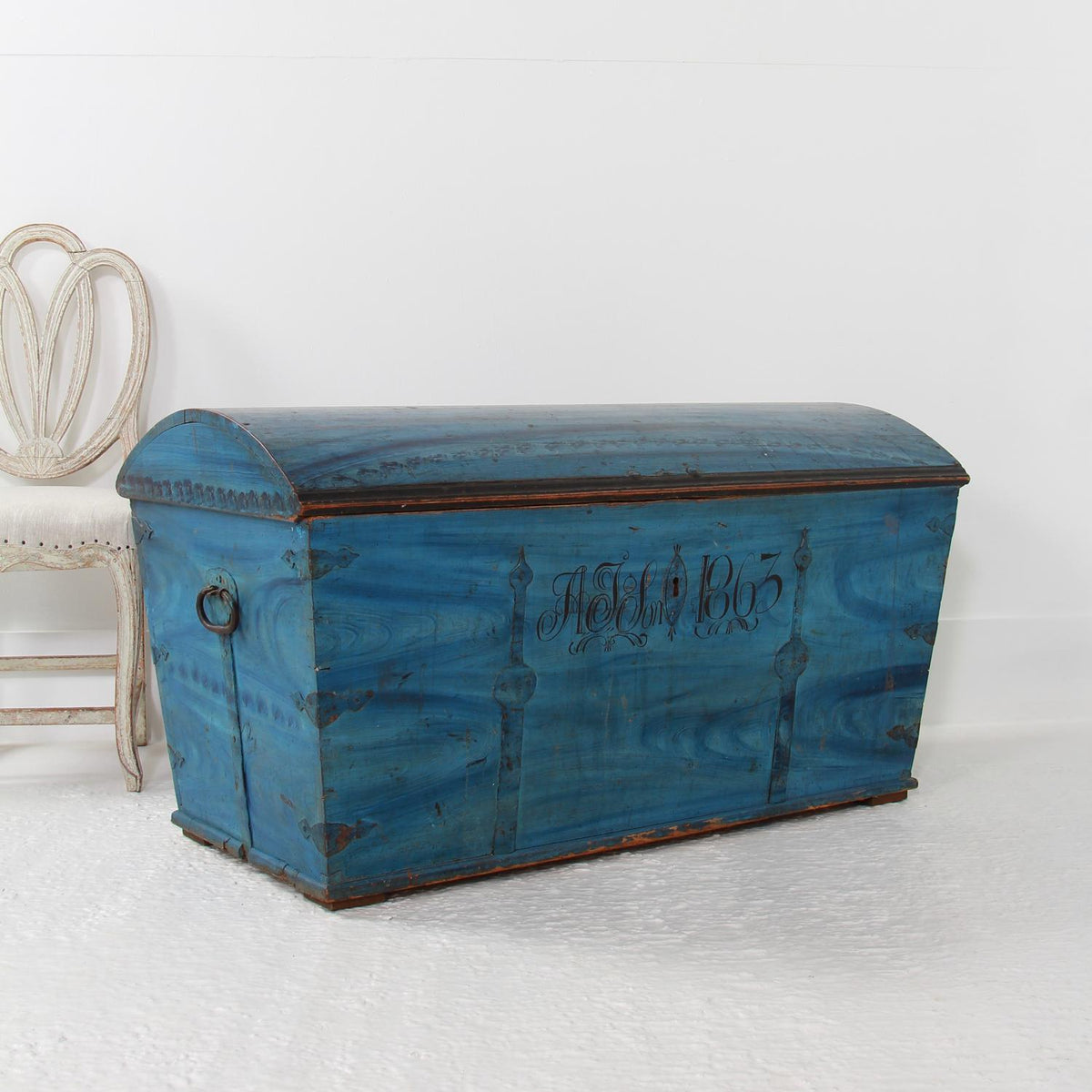 Swedish Original Painted Dome-Top Wedding Trunk, Dated 1863