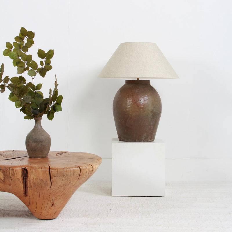 Large CHINESE GLAZED ANTIQUE Water pot  LAMP with Linen Shade