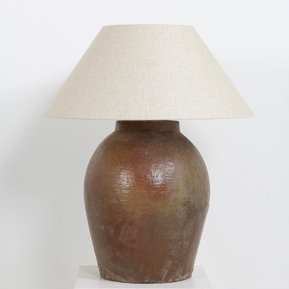 Large CHINESE GLAZED ANTIQUE Water pot  LAMP with Linen Shade