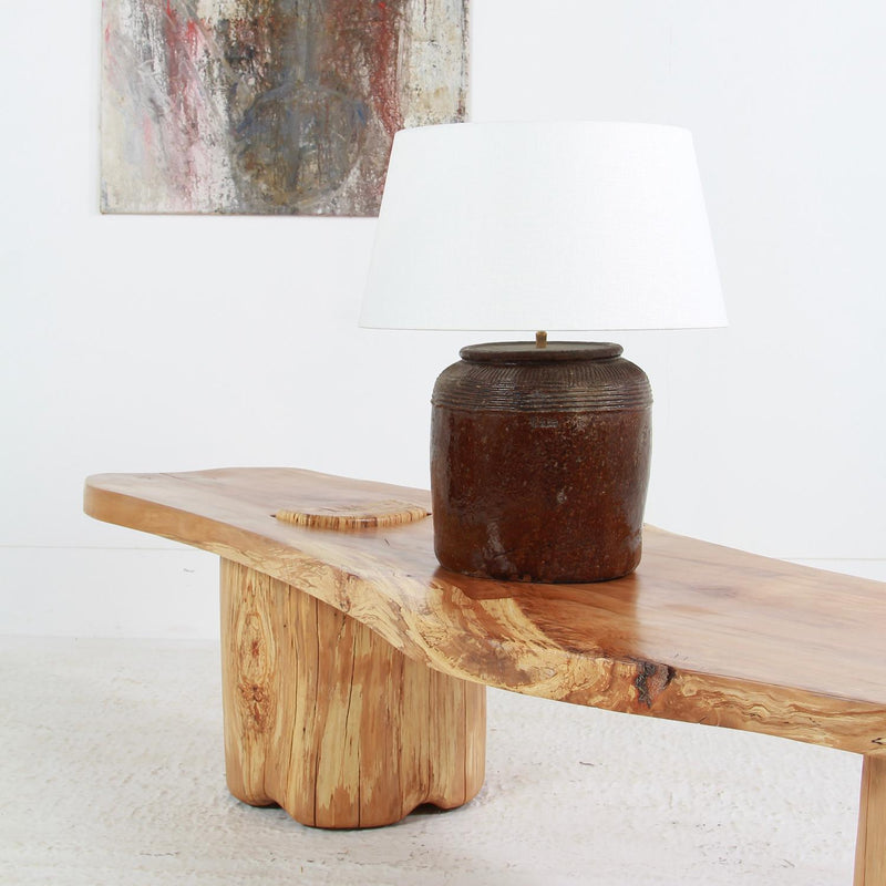 ANTIQUE CHINESE CERAMIC WATER POT CONVERTED INTO LAMP with Linen Drum Shade