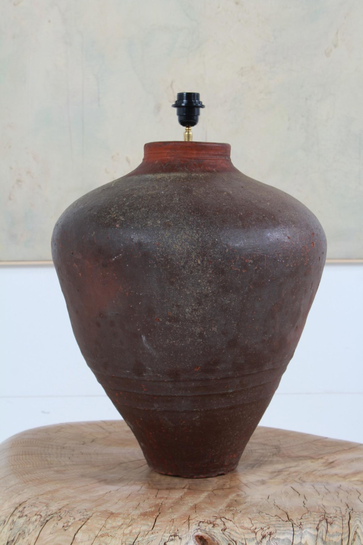 IMPRESSIVE CHINESE GLAZED ANTIQUE STORAGE WINE JAR LAMP WITH SHADE