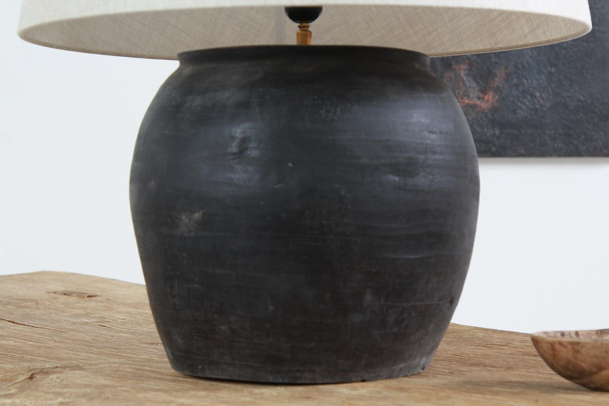 CHINESE GLAZED STORAGE JAR LAMP WITH NATURAL LINEN DRUM SHADE