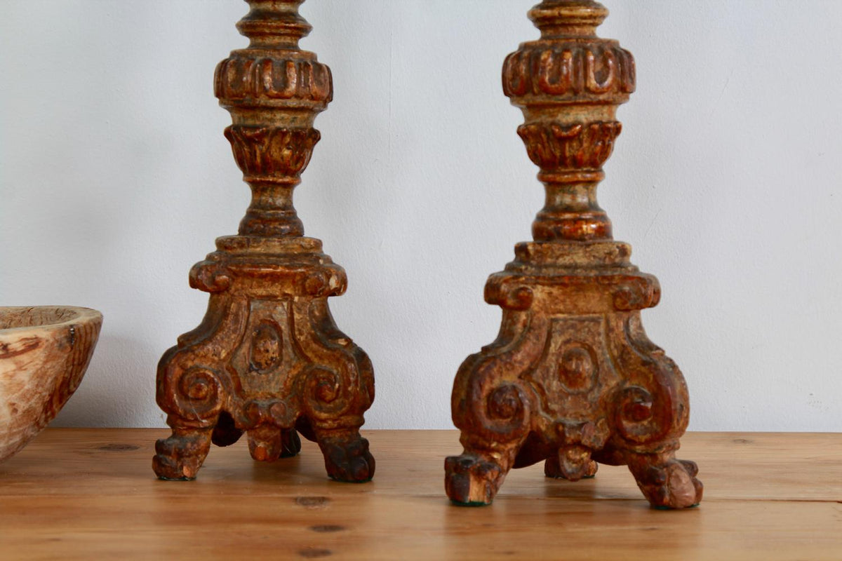 Pair of 18thC French Carved Giltwood Pricket Candlesticks
