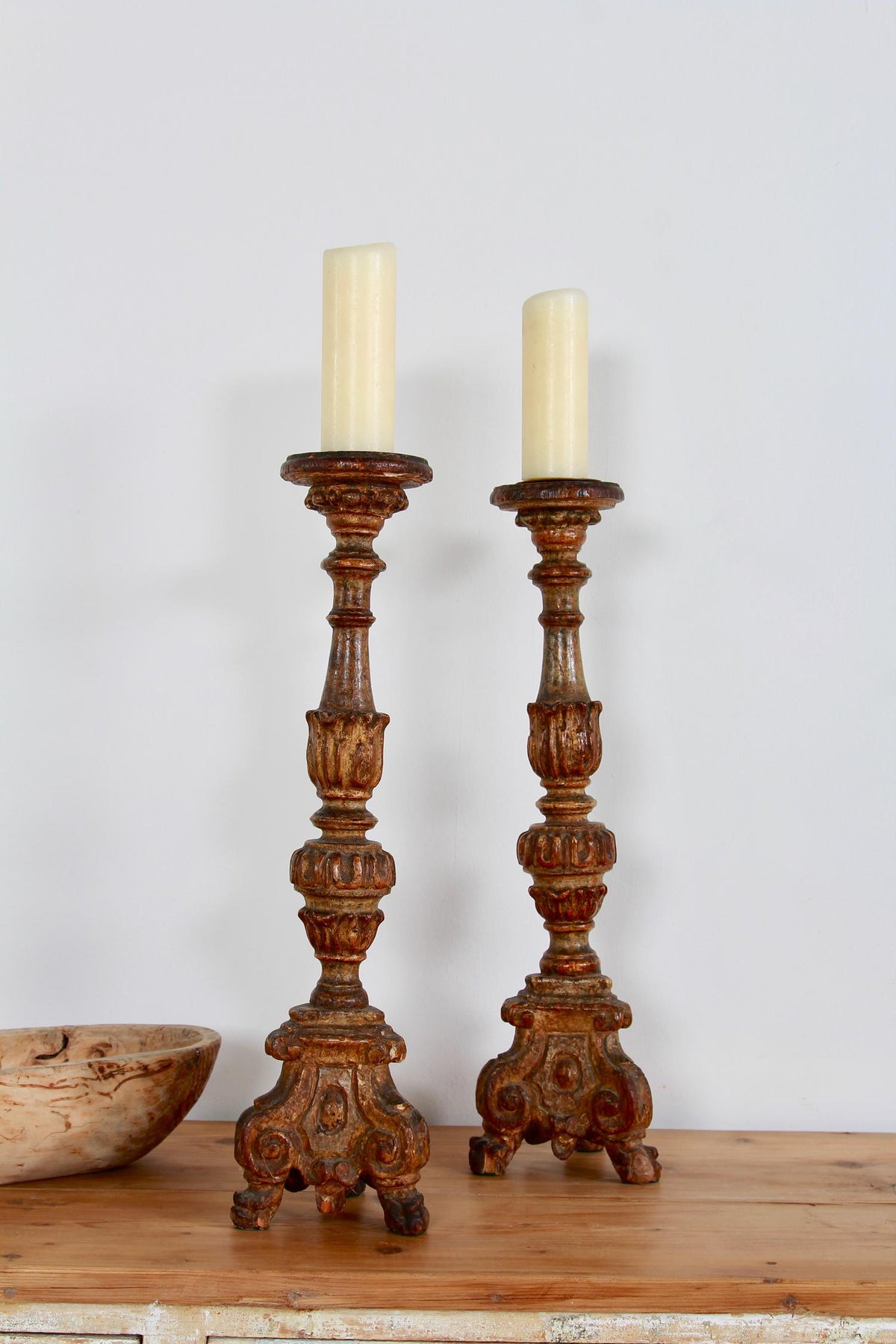 Pair of 18thC French Carved Giltwood Pricket Candlesticks