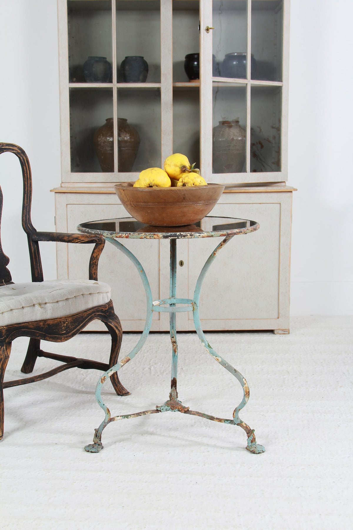 FRENCH 19THC ARRAS IRON TABLE WITH DISTRESSED MIRRORED TOP