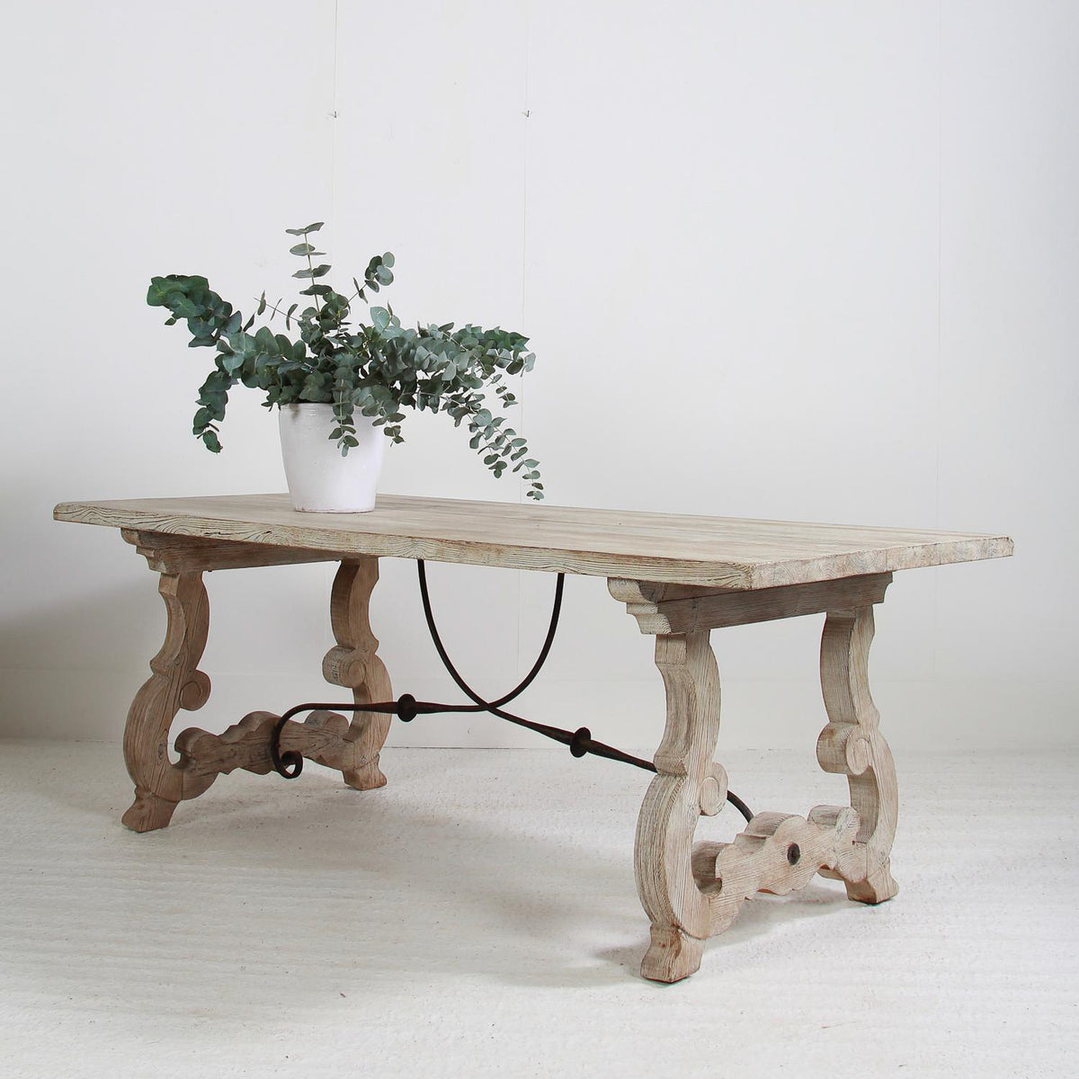 Spanish 19thC Pine  Dining Table with Hand Forged Iron Stretcher
