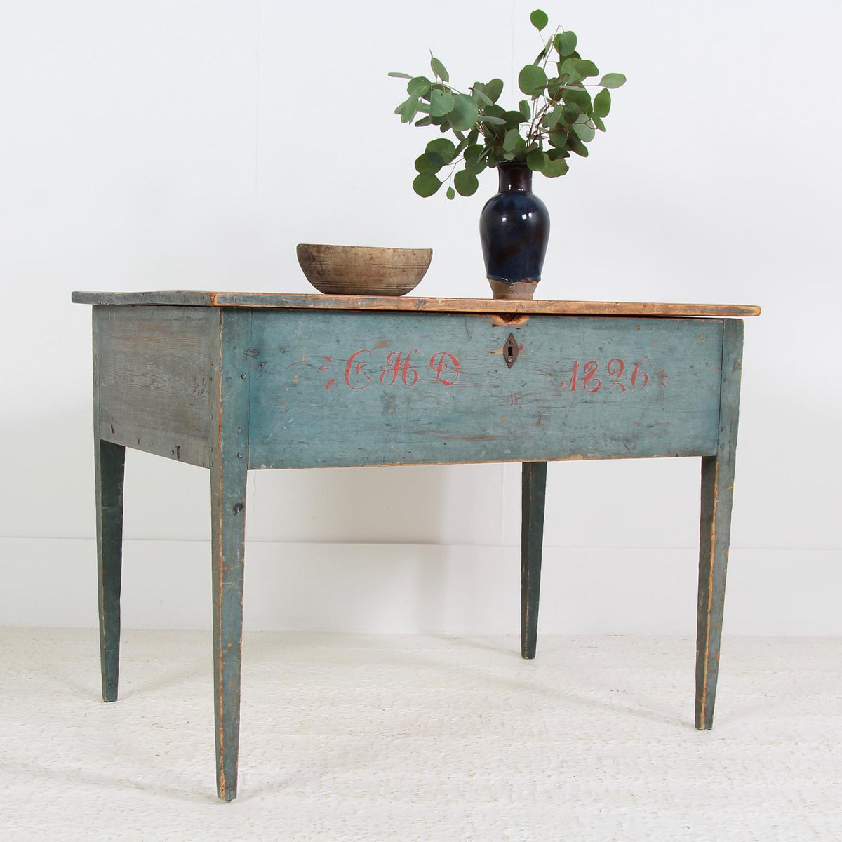 Swedish 19thC Blue Painted Side/lamp Table Dated 1826
