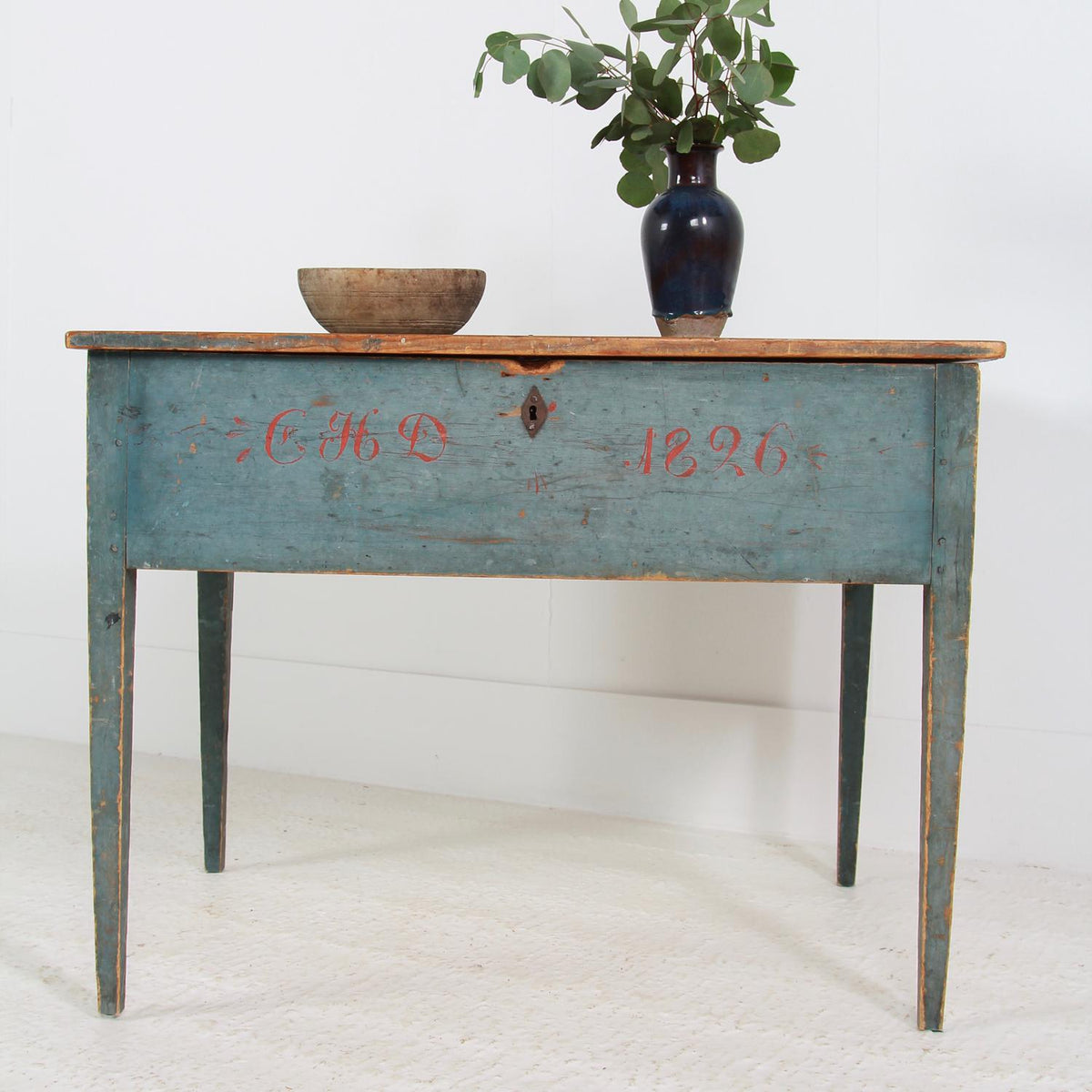 Swedish 19thC Blue Painted Side/lamp Table Dated 1826