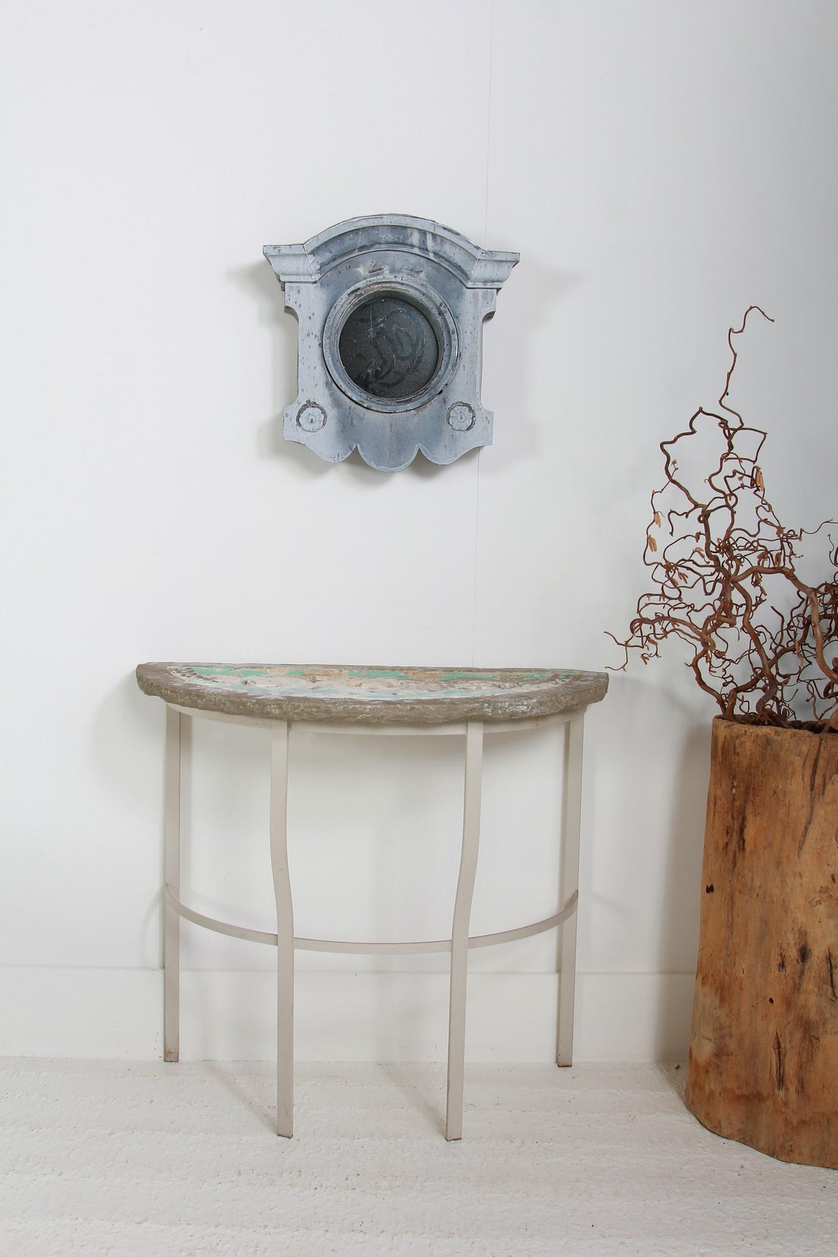 Carved 18thC Sandstone Demi Lune Table on Hand Forged Iron Frame