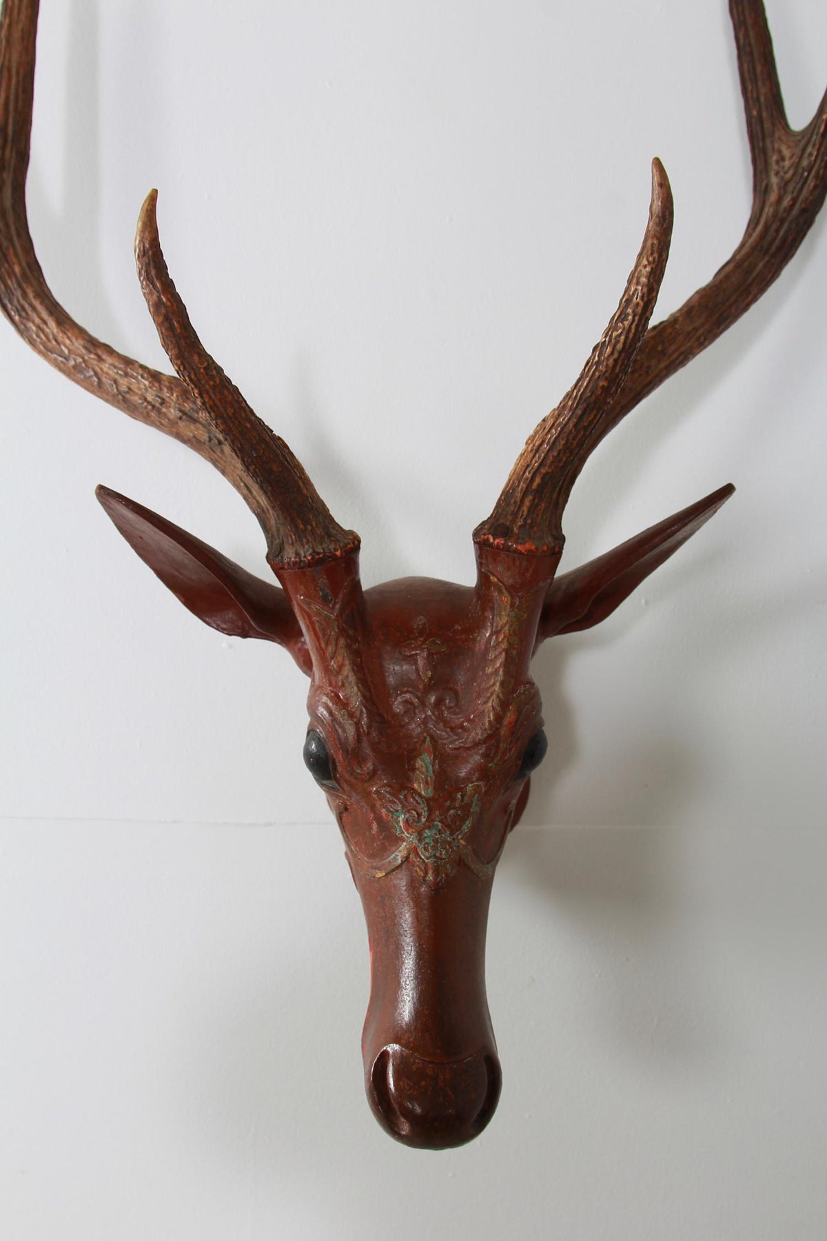 Finely Carved Indian Folk Art 19thC  Wooden Deer Head with Antlers