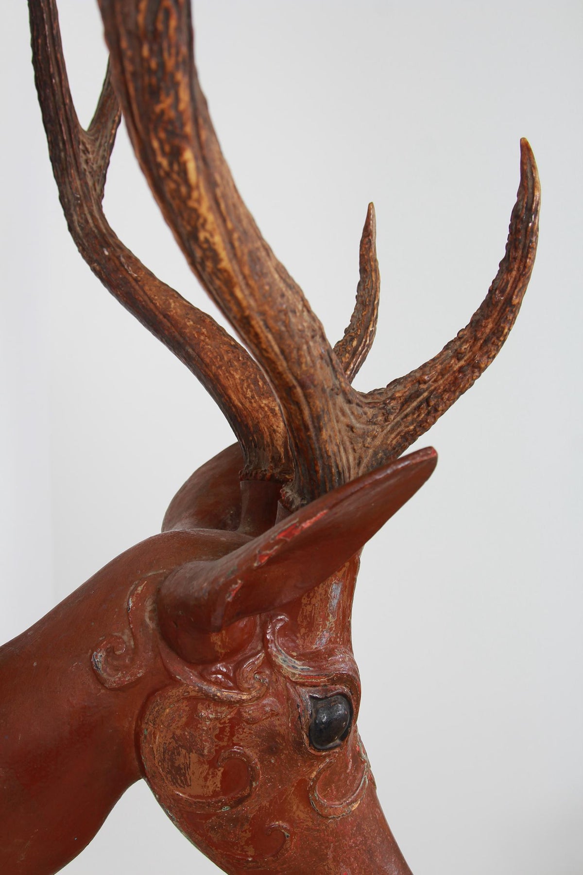 Finely Carved Indian Folk Art 19thC  Wooden Deer Head with Antlers