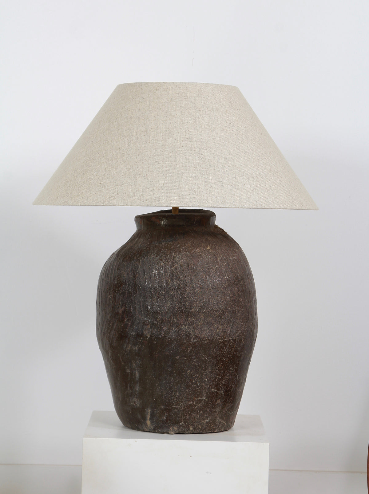 XL Glazed Rustic Earthenware Storage Pot Lamp with Natural Linen Shade