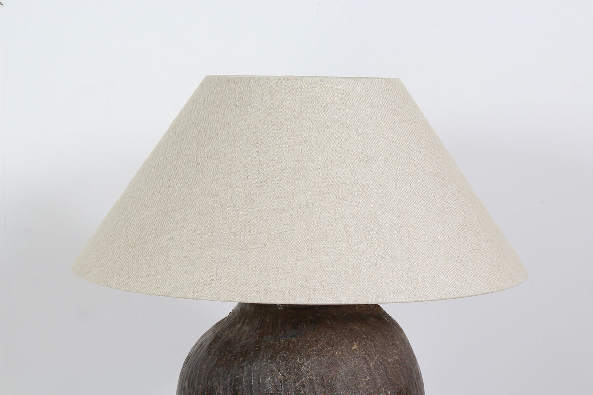 XL Glazed Rustic Earthenware Storage Pot Lamp with Natural Linen Shade
