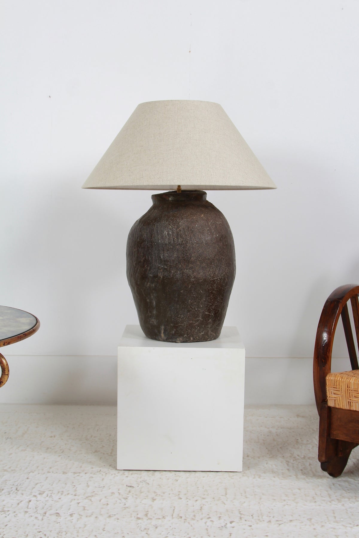 XL Glazed Rustic Earthenware Storage Pot Lamp with Natural Linen Shade