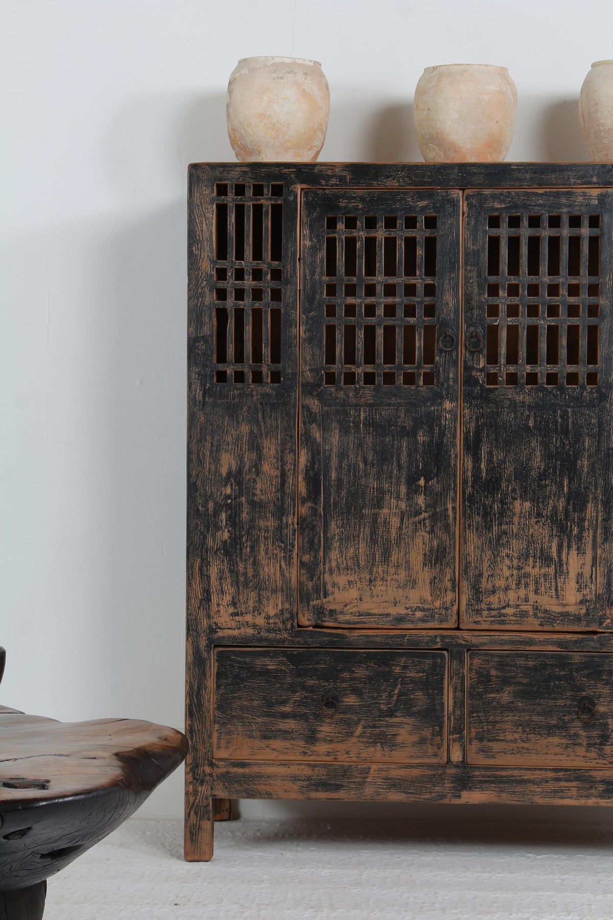 Chinese 19thC  Kitchen Cabinet with Lattice Doors