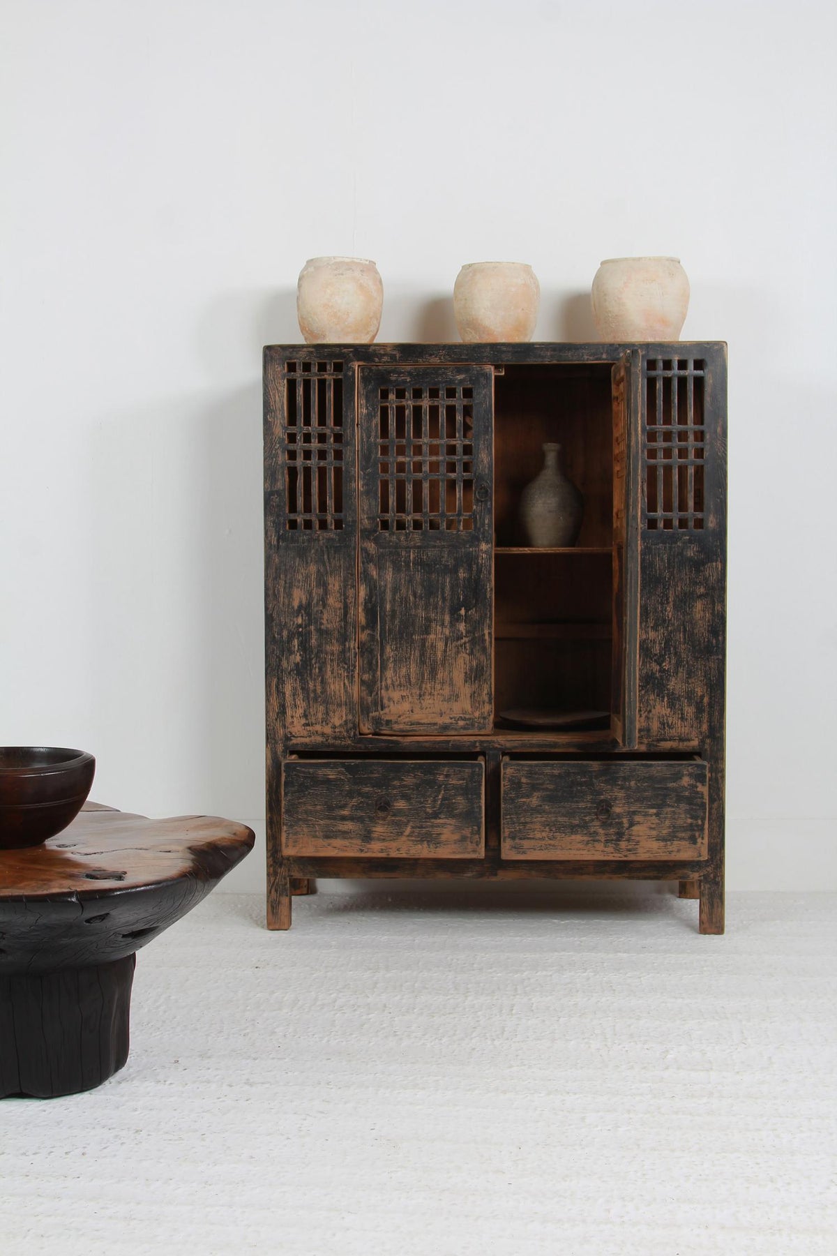 Chinese 19thC  Kitchen Cabinet with Lattice Doors