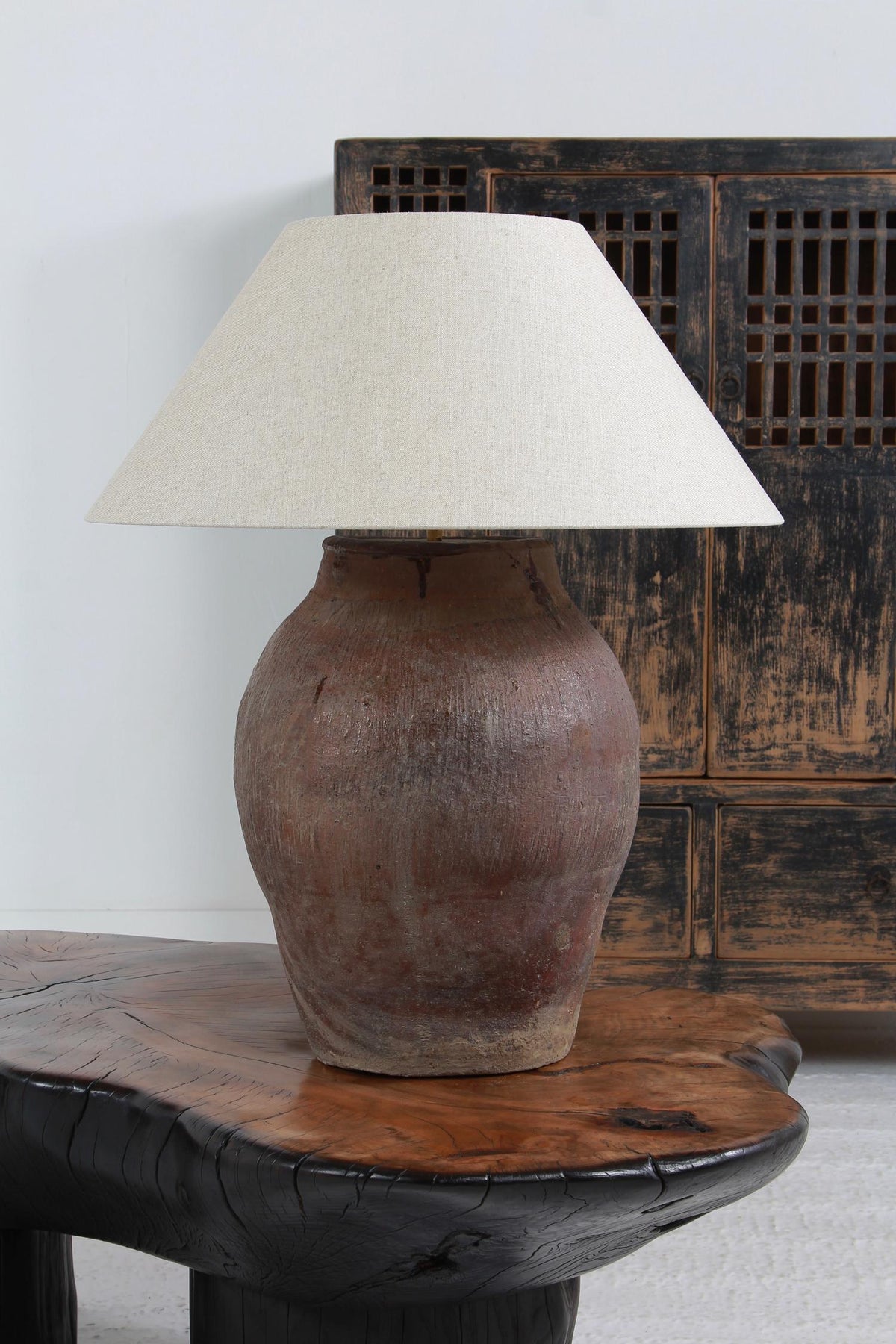 Antique XL  Chinese 19thC sTORAGE wINE JAR LAMP WITH NATURAL LINEN SHADE
