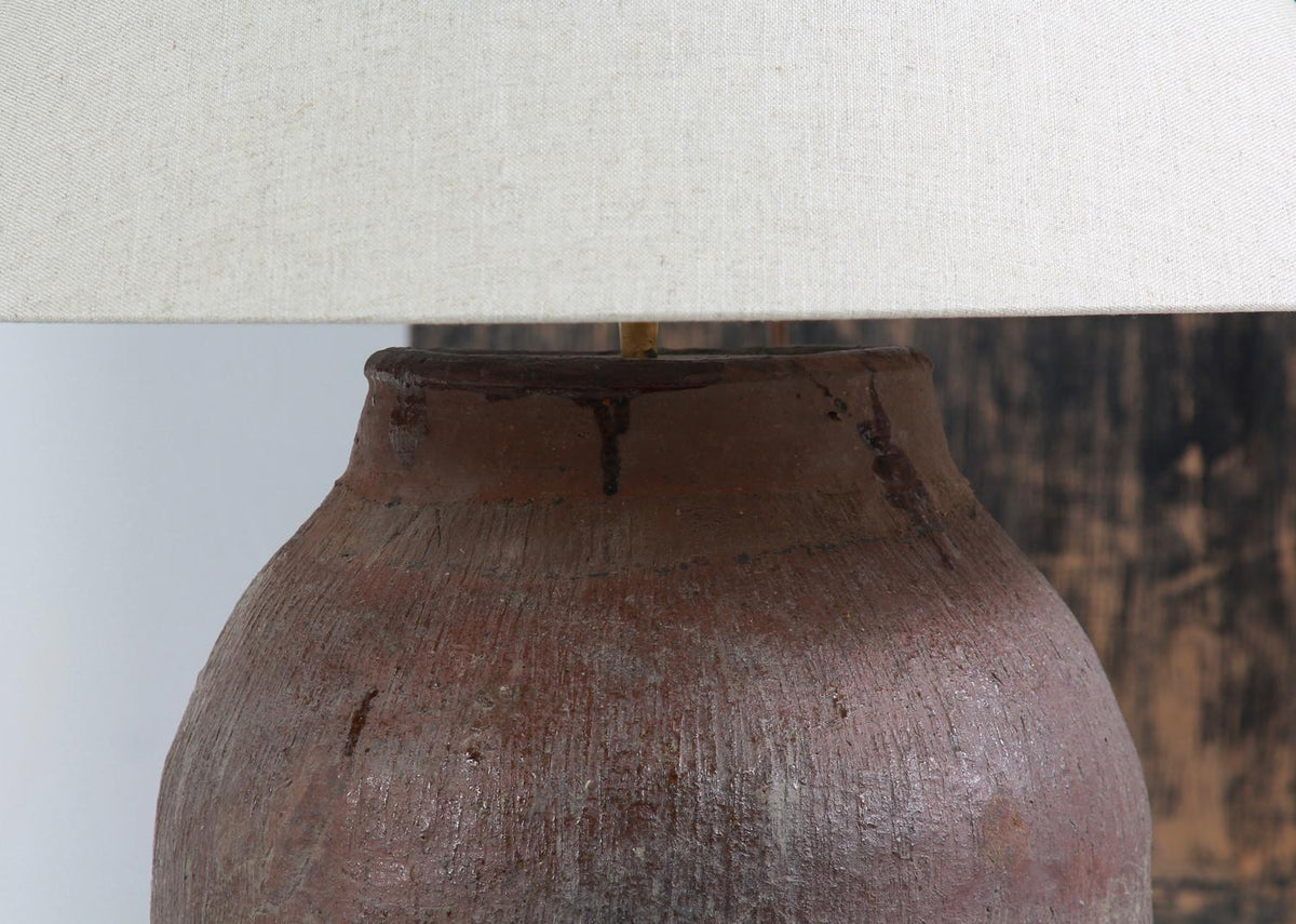 Antique XL  Chinese 19thC sTORAGE wINE JAR LAMP WITH NATURAL LINEN SHADE