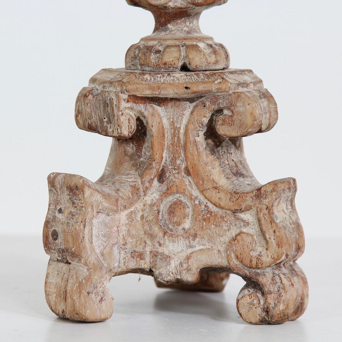 Petite Hand Carved Italian 18thC Weathered Lime Wood Pricket Candlestick