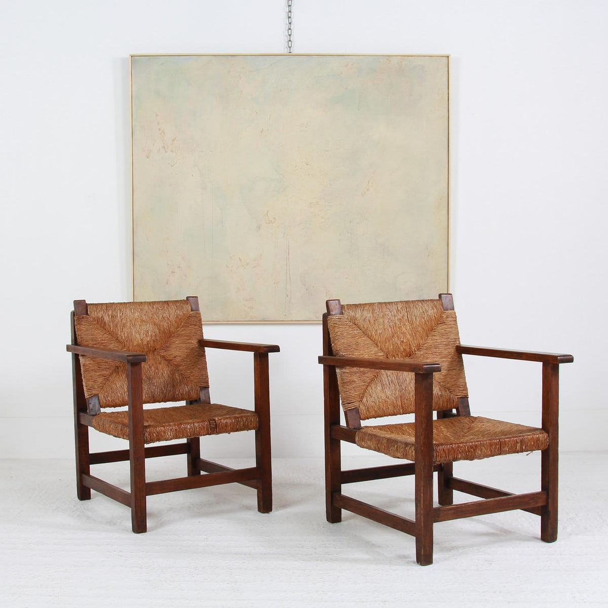 Pair of Rustic Spanish Lounge Chairs in Wood and Straw