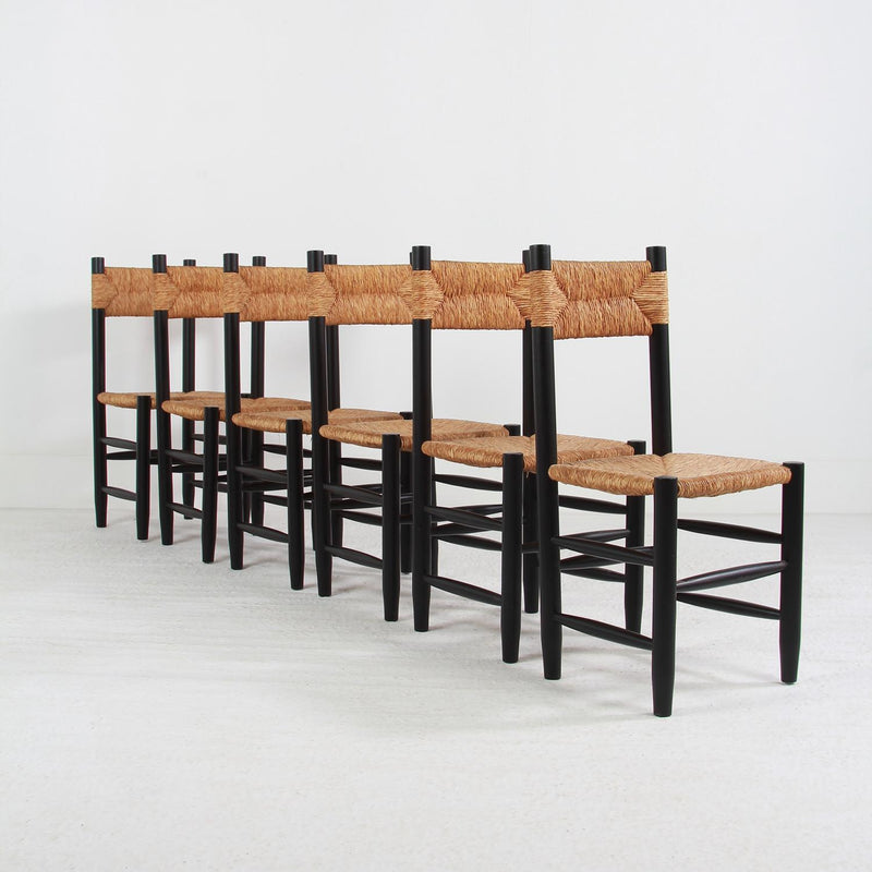Set of Six Vintage Spanish Ebonized Wood and Rush Seat Dining Chairs