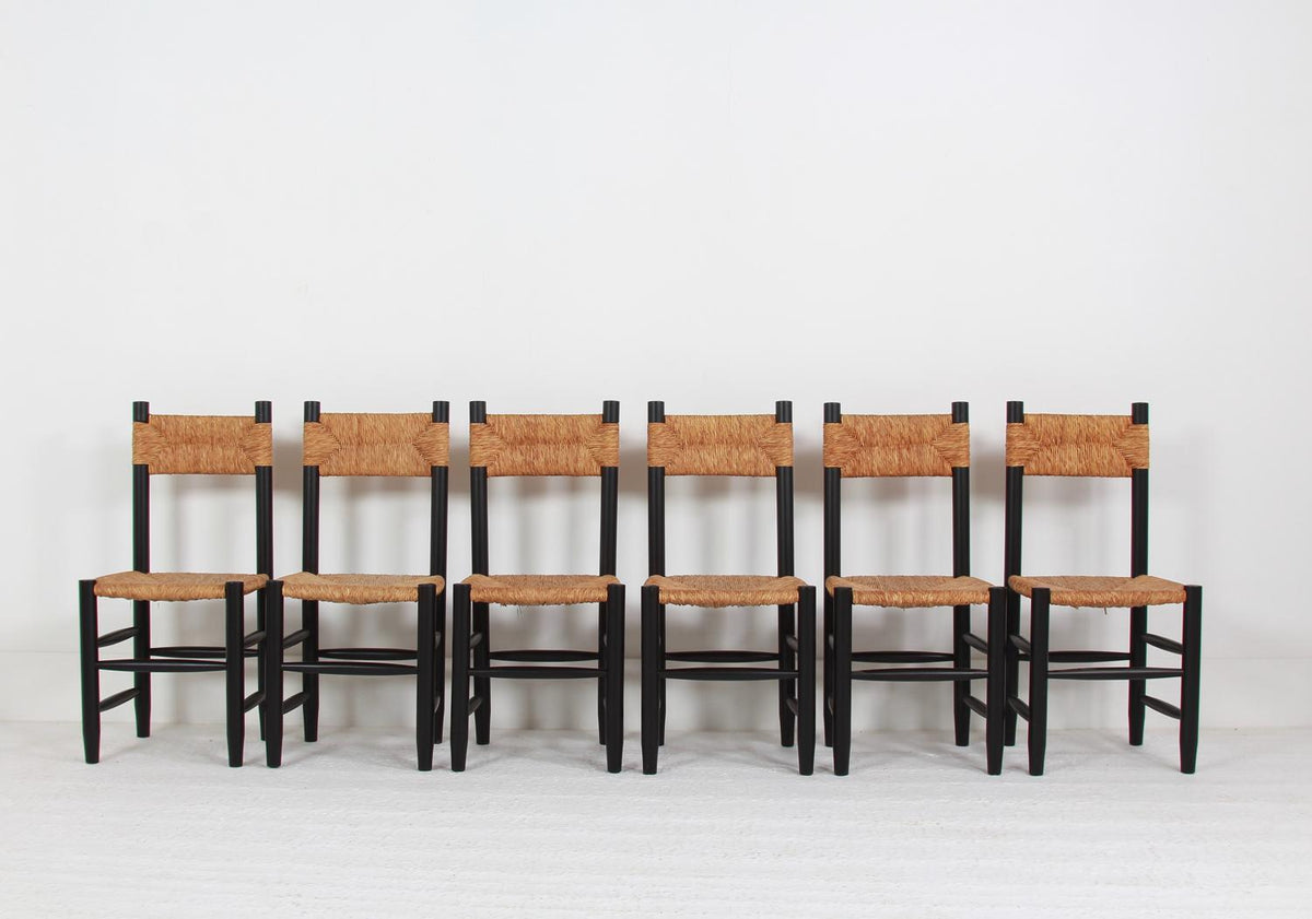 Set of Six Vintage Spanish Ebonized Wood and Rush Seat Dining Chairs