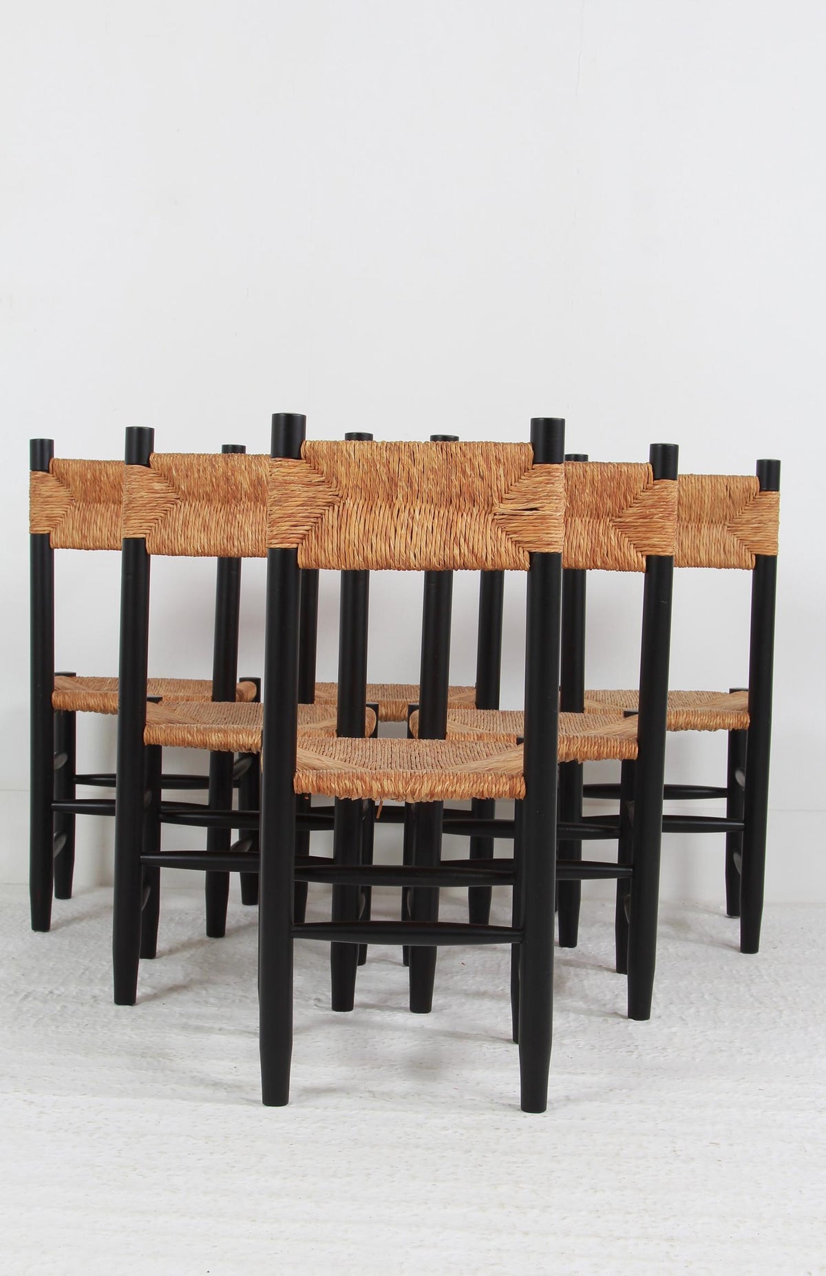 Set of Six Vintage Spanish Ebonized Wood and Rush Seat Dining Chairs