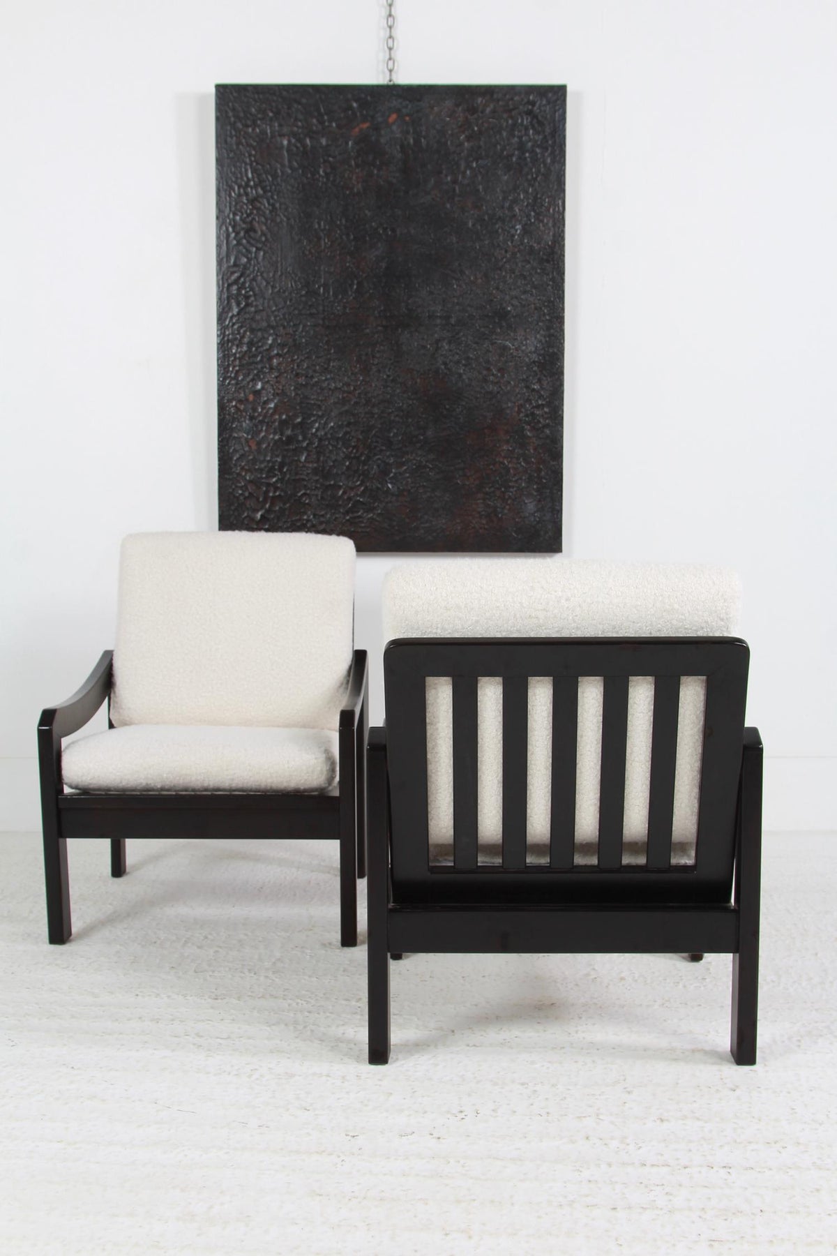 Pair Spanish Mid Century Ebonized Lounge Chairs in BOUCLE