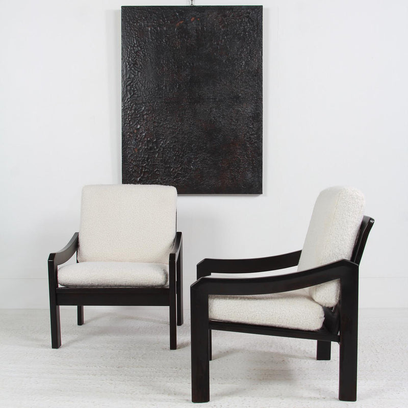 Pair Spanish Mid Century Ebonized Lounge Chairs in BOUCLE