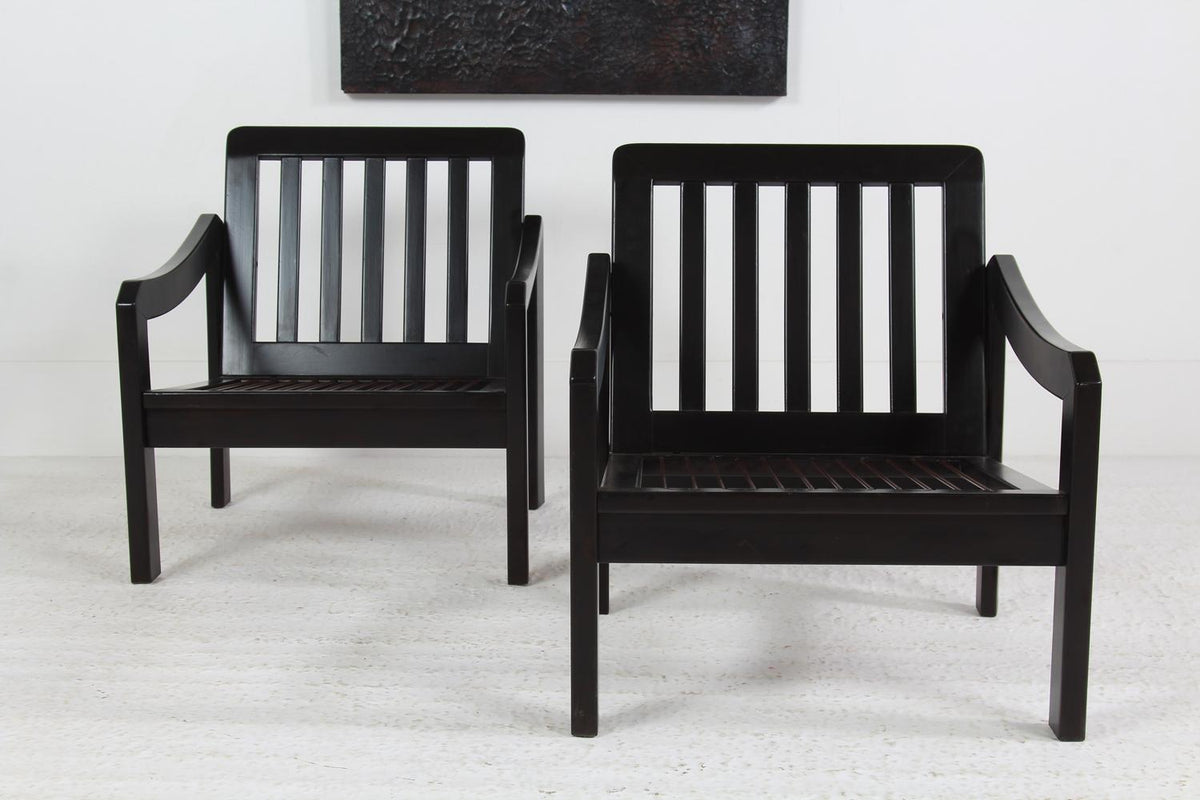 Pair Spanish Mid Century Ebonized Lounge Chairs in BOUCLE
