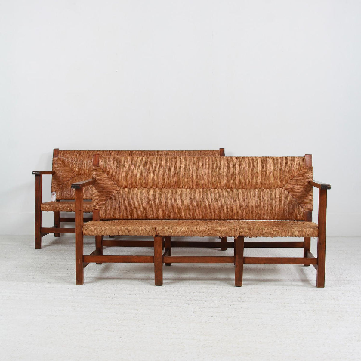 Rare Pair of Spanish Sofa/Benches in Pine and Woven Straw