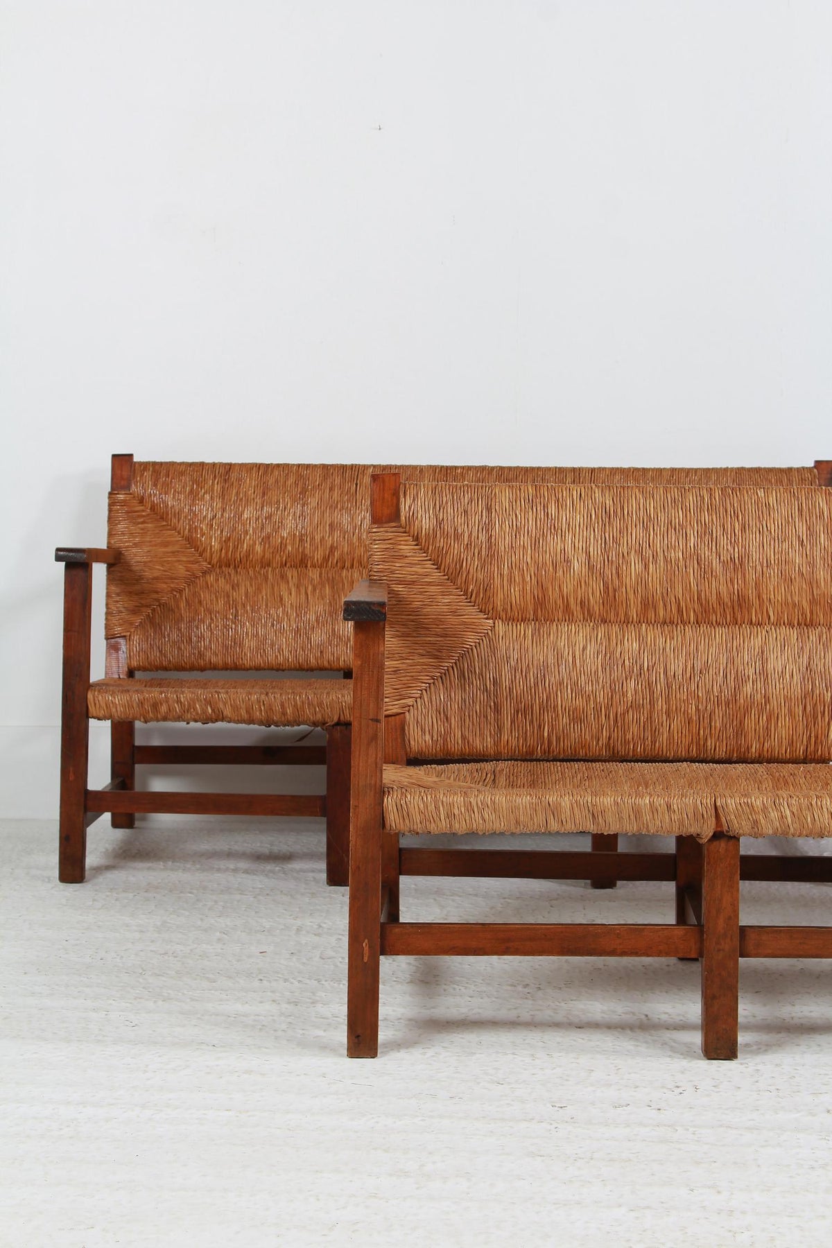 Rare Pair of Spanish Sofa/Benches in Pine and Woven Straw