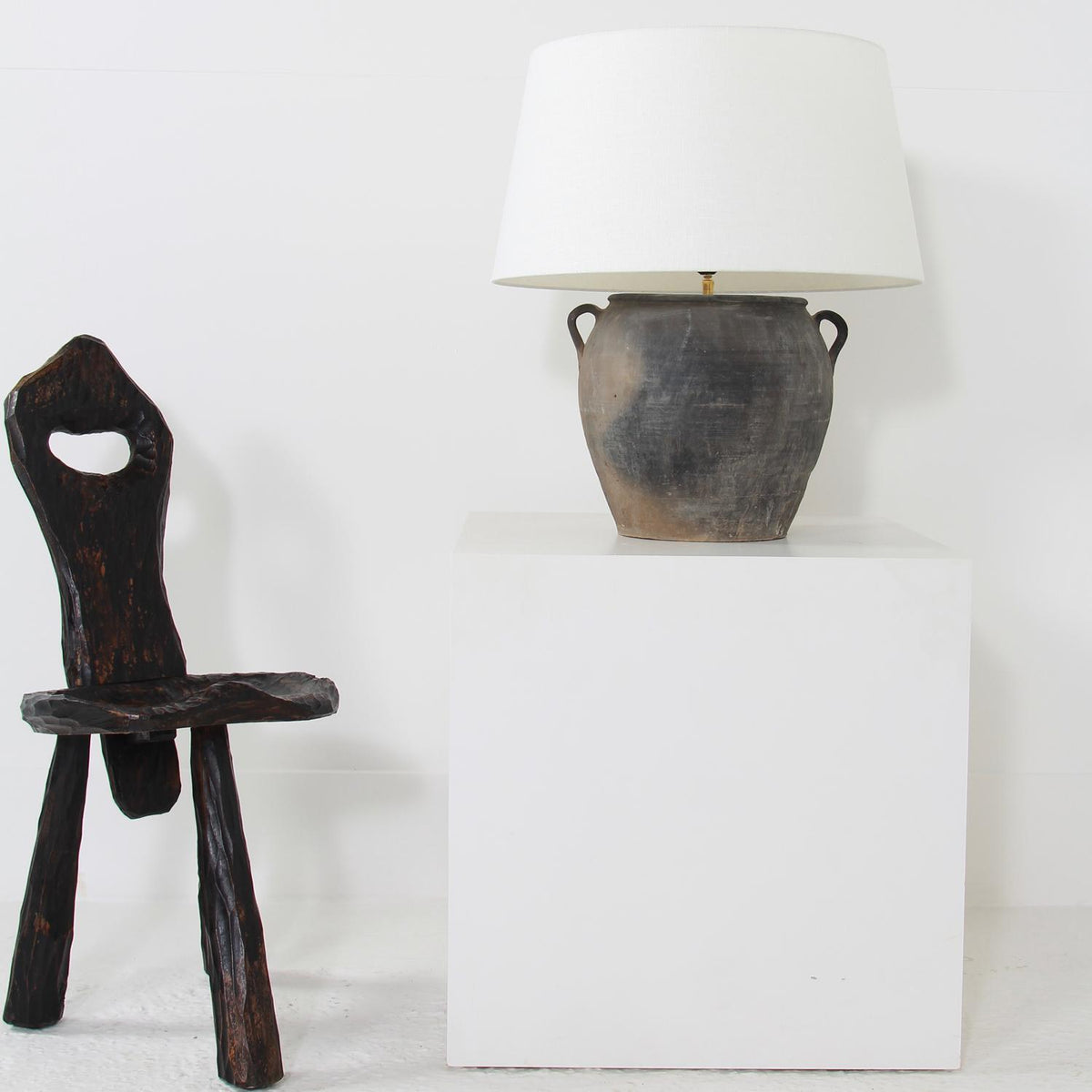 AUTHENTIC CHINESE POTTERY LAMP WITH WHITE LINEN DRUM SHADE