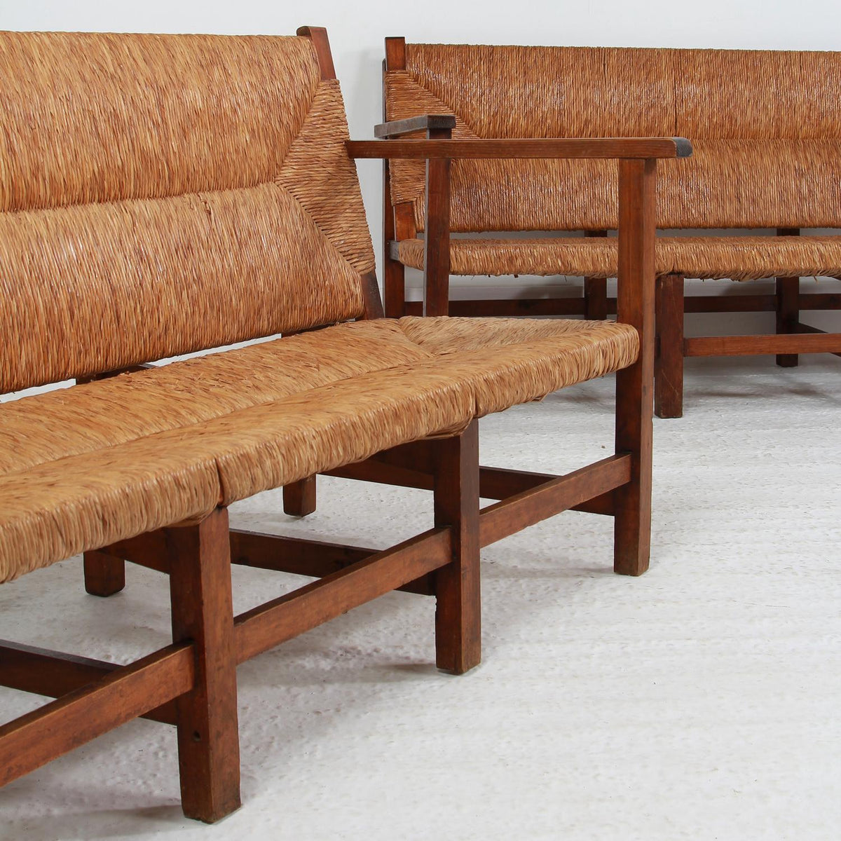 Rare Pair of Spanish Sofa/Benches in Pine and Woven Straw