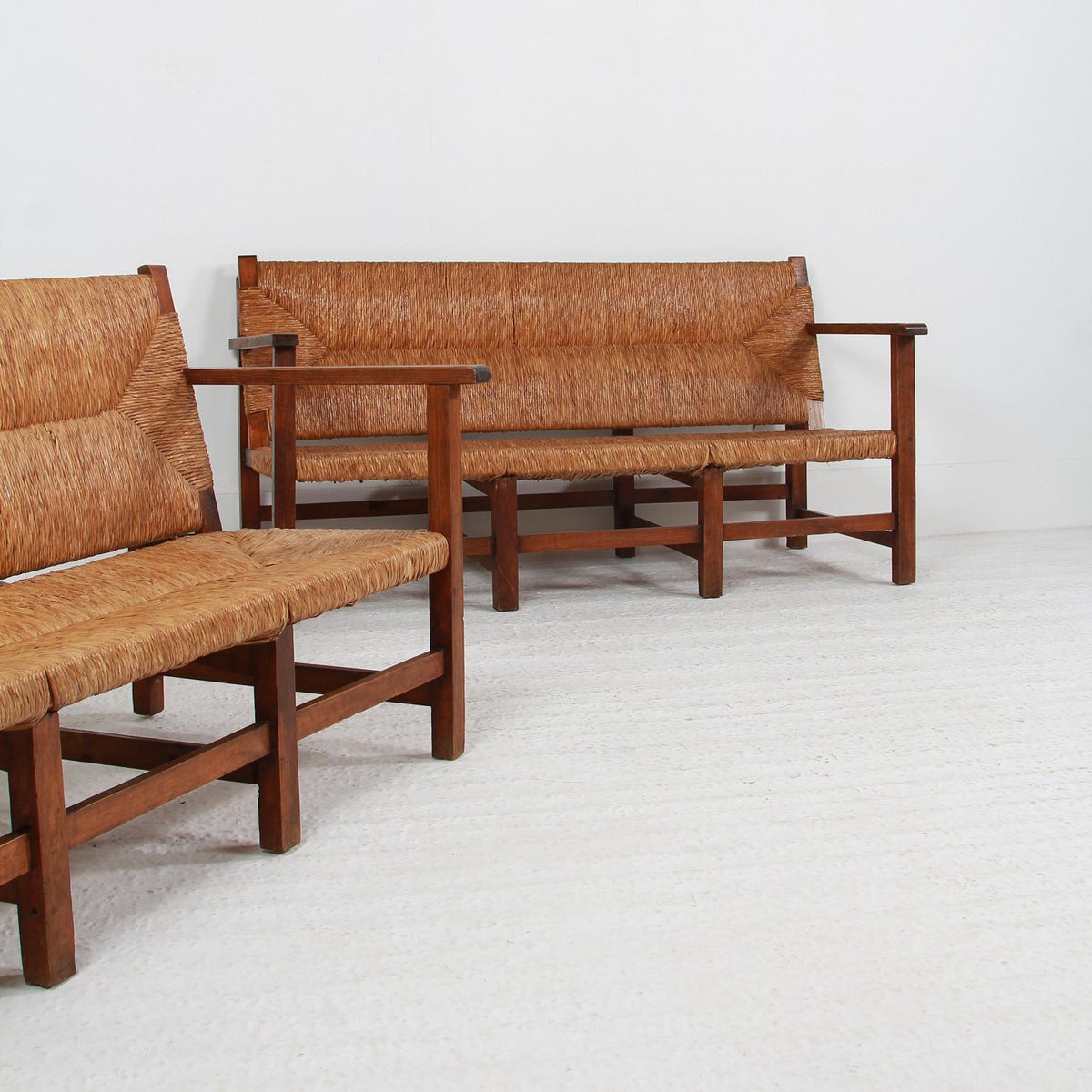 Rare Pair of Spanish Sofa/Benches in Pine and Woven Straw