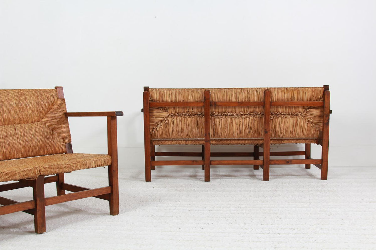 Rare Pair of Spanish Sofa/Benches in Pine and Woven Straw