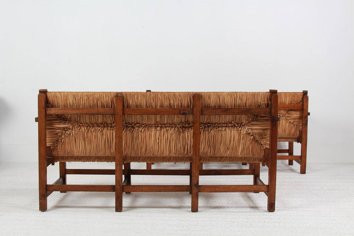 Rare Pair of Spanish Sofa/Benches in Pine and Woven Straw