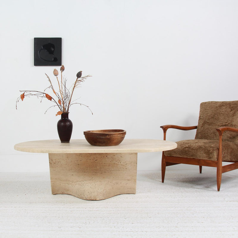 Stylish Italian Mid Century Oval Travertine Coffee Table