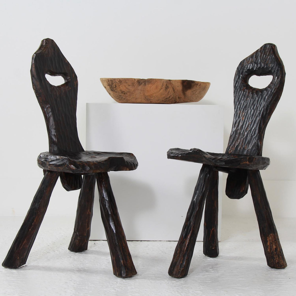 Near Pair of French Midcentury Three-Legged Rustic Chairs