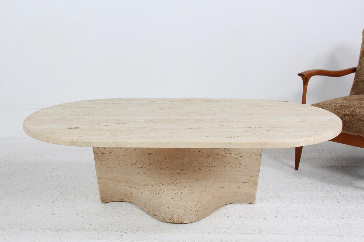 Stylish Italian Mid Century Oval Travertine Coffee Table