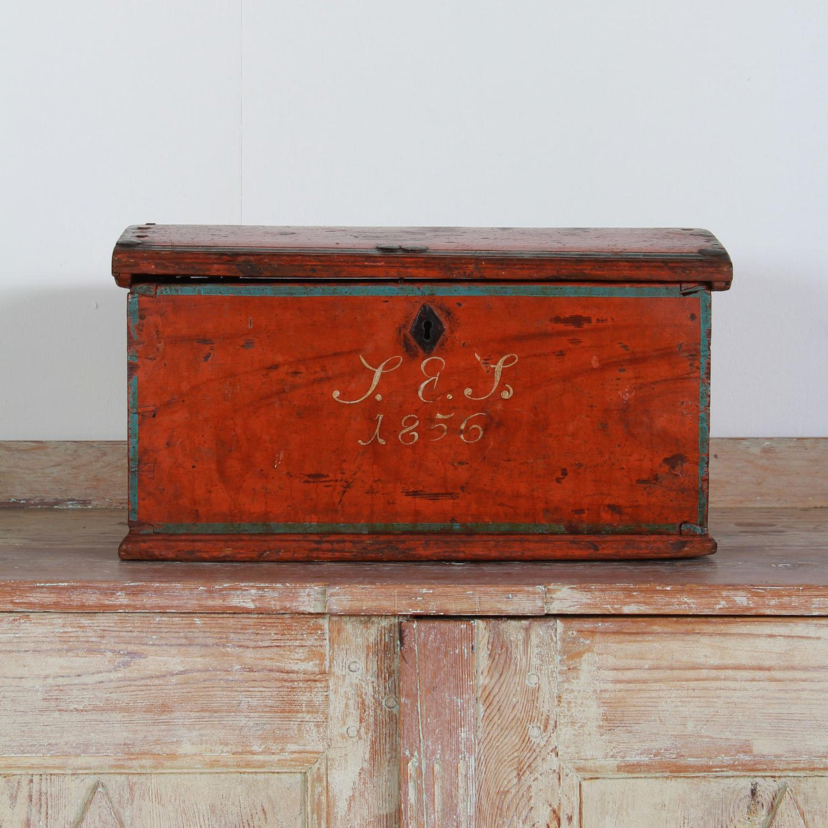 Charming  19thC Painted Folk Art Scandinavian Box Dated 1856