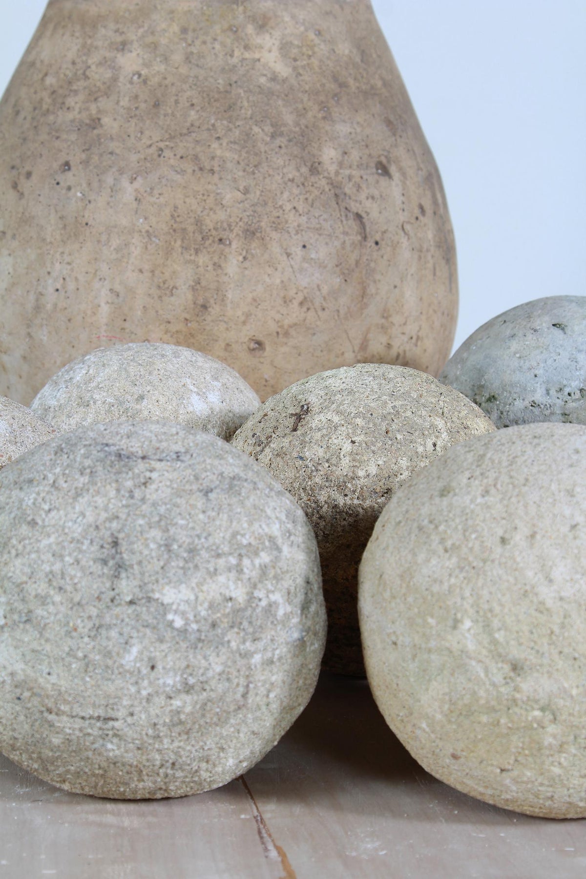 An assortment of 7 French 19thC Carved Stone Balls