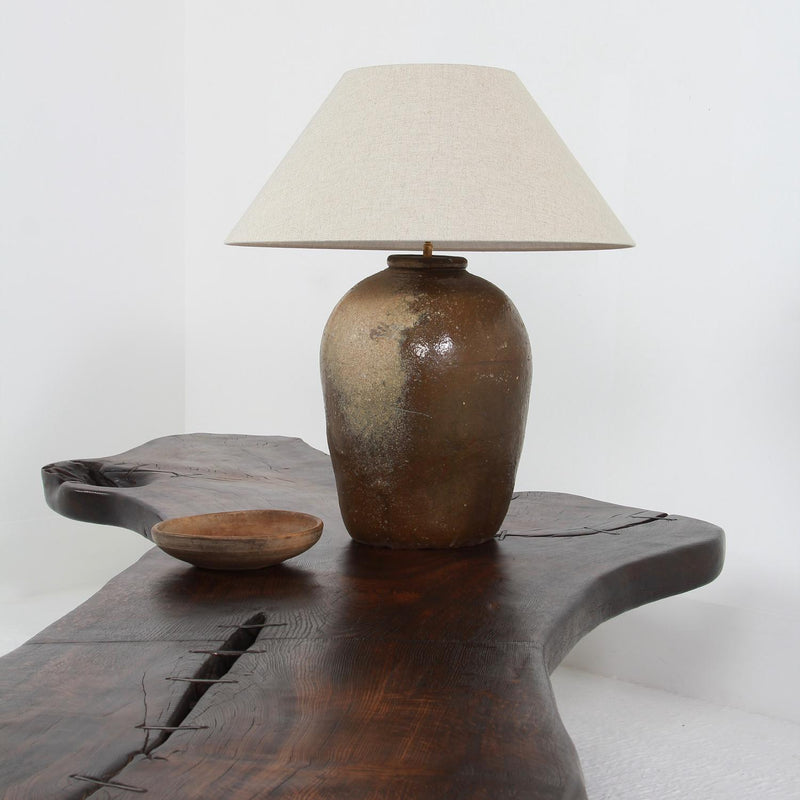 RUSTIC ANTIQUE STORAGE WINE JAR TABLE LAMP WITH NATURAL LINEN SHADE