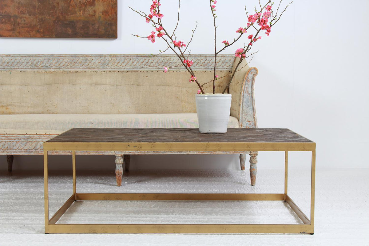 Swedish Brass Rectangle Base Parquet Top Coffee Table