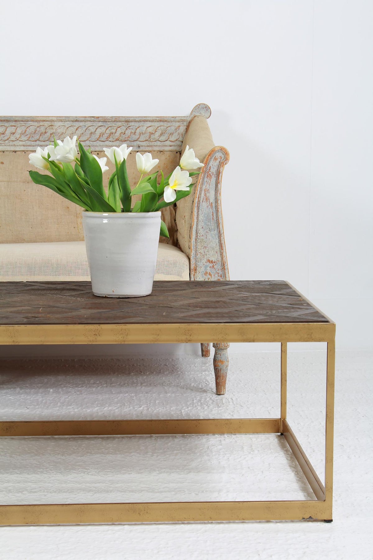 Swedish Brass Rectangle Base Parquet Top Coffee Table