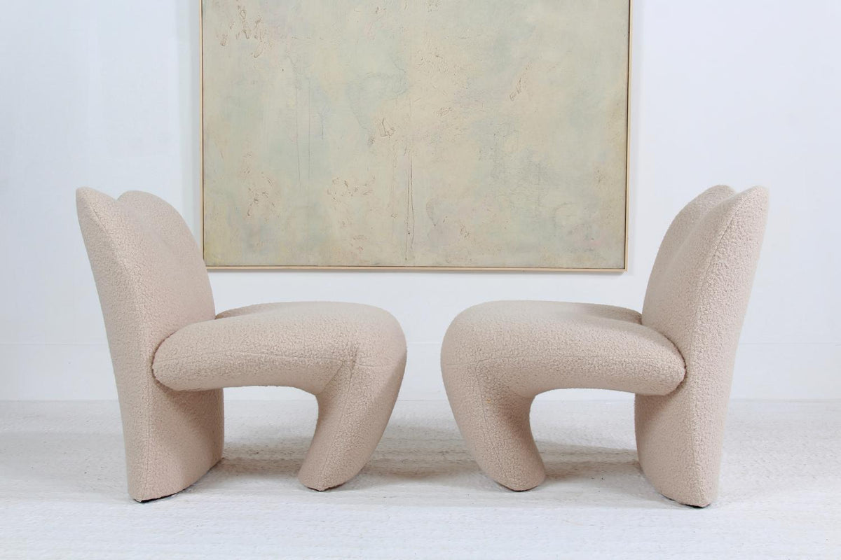 Pair of Sculptural Lounge Chairs Edited by Kron Multipla Reupholstered in Boucle