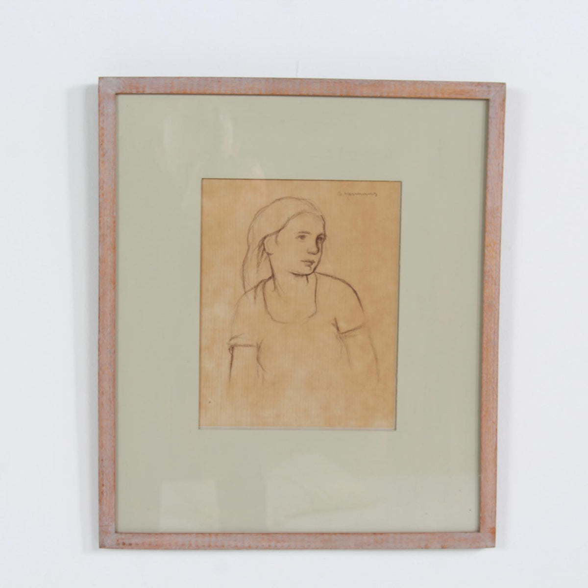 Framed Belgium Early 20th Pencil Portrait of a Young Woman