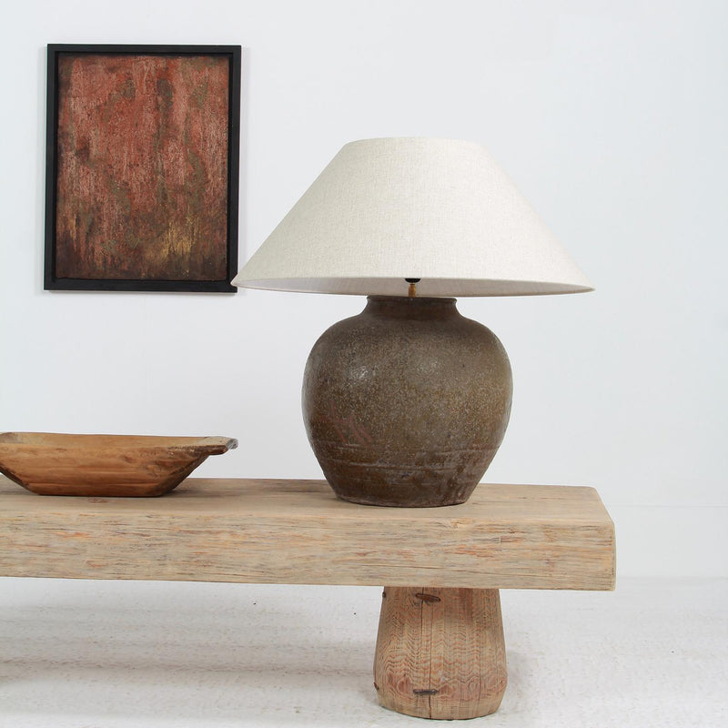 SUBLIME ANTIQUE STORAGE WINE JAR TABLE LAMP WITH NATURAL LINEN SHADE